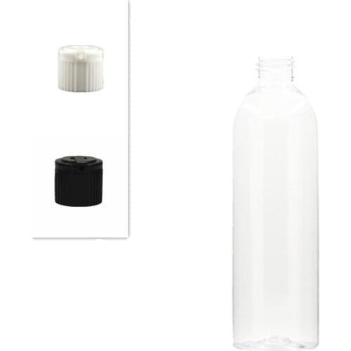 250ml empty cosmo round plastic bottle, clear pet bottle with white/black spouted cap