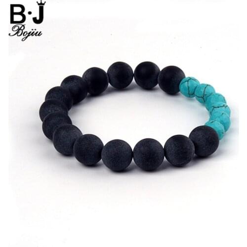 BOJIU Fashion Bracelet For Lovers Matte Black Natural Ag. Men Women Charm Elastic Strand 10mm Bead Bracelet BC103