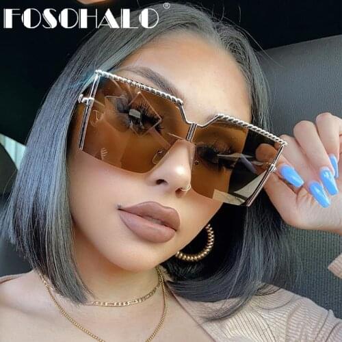 Oversized Square Sunglasses Women Men Luxury Brand Vintage Alloy Frame Sun Glasses Clear Lens One Piece Rimless Eyewear Shade