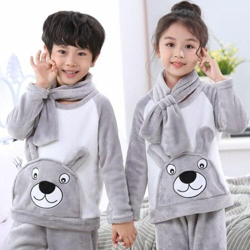 Kids Pajamas Winter Girls Boys Sleepwear Baby Clothes Animal Cartoon Pijamas Sets Warm Flannel Childrens Pyjamas+ Scarf
