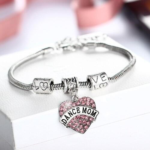 Crystal Heart Bangles Beads Bracelet Love Dance Mom Pendant Pink Sweetheart Charm Daughter Mothers Day Gift Jewelry Pulseras