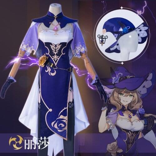 Game Genshin Impact Lisa Witch of Purple Rose Cosplay Costume The Librarian Sexy Dress
