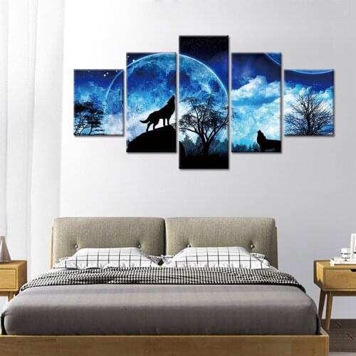 Canvas Paintings Home Decor 5 Pieces Moon Animal Wolf Snow Mountain Landscape Poster Pictures For Living Room Wall Art