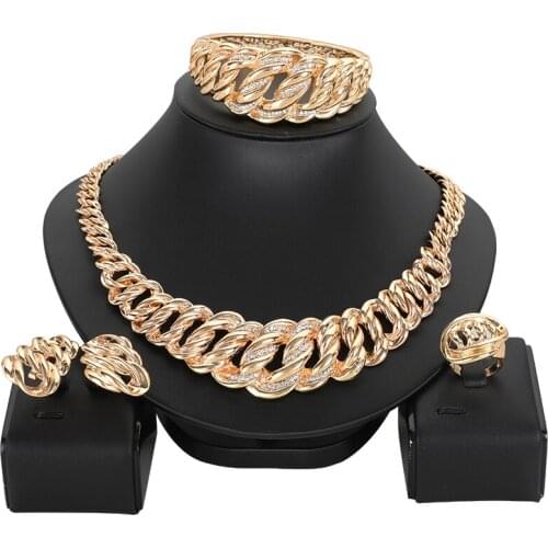 Vintage Gold Jewelry Sets Necklace Earrings Bracelet Ring For Women Crystal African Silver Color Wedding Bridal Accessories Gift