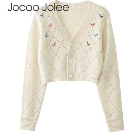 Jocoo Jolee Korean Elegant Flower Crochet Cardigan V Neck Sweaters Autumn Cropped Tops Casual Cute Knitting Tops Clothes