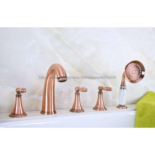 Red Copper Antique 5piece Bathtub fauce bathroom faucet for hot and cold Mixer tap Sink faucet 3 handle 5 hole Ntf201