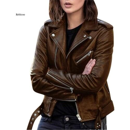 Punk Women Cool Faux Leather Jacket Long Sleeve Zipper Fitted Coat Fall Short Jacket Solid Lapel Female Moto Biker Jackets