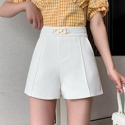 2021summer korean fashion Metal buttons shorts women loose high waist wide leg Solid harajuku shorts