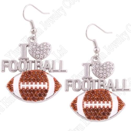 Fashion rhodium plated earring with sparkling crystals I LOVE FOOTBALL pendant