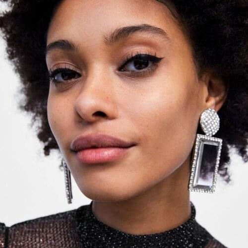 New ZA Crystal Square Drop Earrings For Women Trendy Silver Color Glass Dangle Earrings Geometric Maxi Statement Jewelry