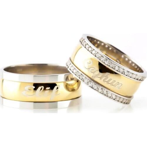 Tesbihane Personalized Name Written Gold Color 925 Sterling Silver Couple Wedding Rings