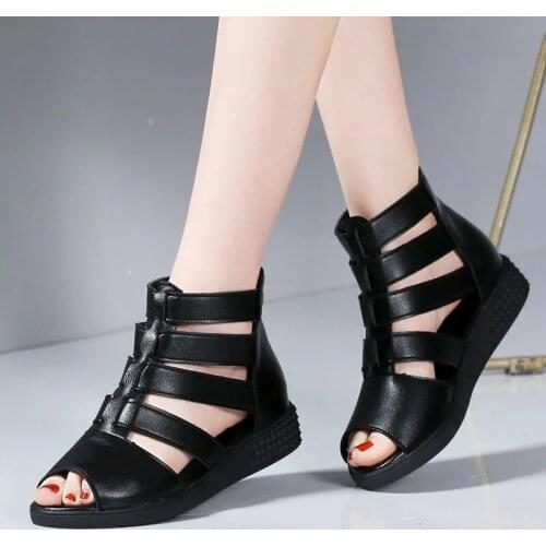 OUKAHUI Plus Size 34-43 Fashion Genuine Leather Roman 2021 Summer Gladiator Women Flat Sandals Comfort Non-Slip Peep Toe Sandals