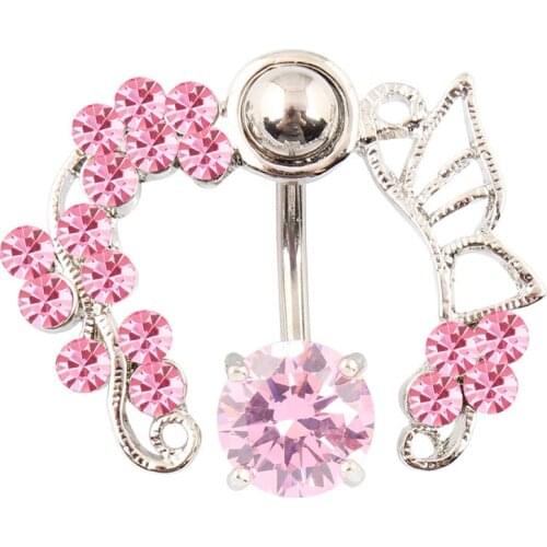 Body Piercing Wholesale flower belly button rings clear pink Zircon navel rings body jewelry fashion jewelery 14G Surgical Steel