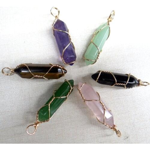 Natural Stone Crystal Quartz Charm Wire-wound Pendulum hexagonal column Pendants DIY Jewelry Making Necklaces Accessories 24pcs