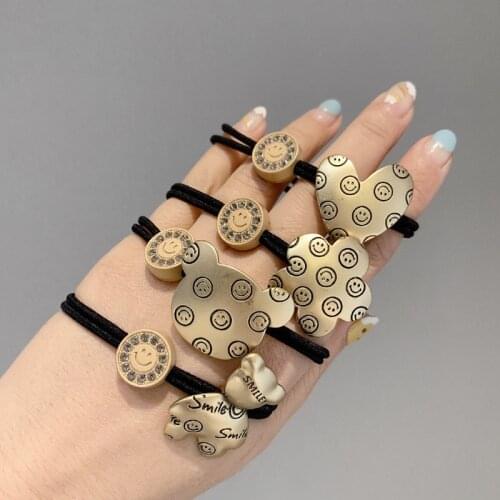 Vintage Metal Letter Smile Hair Ties Elastic Hair Bands For Women Golden Alloy Flower Hair Accessories Bear Headband Wholesale