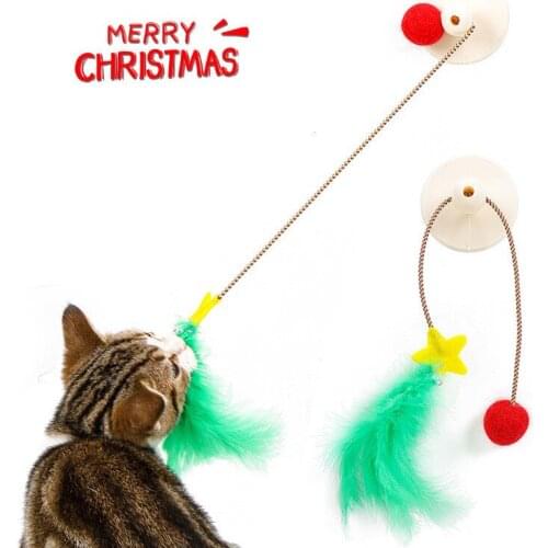 Merry Christmas Cat Toys Interative Suction Cup Cat Teaser Feather Ball Toy