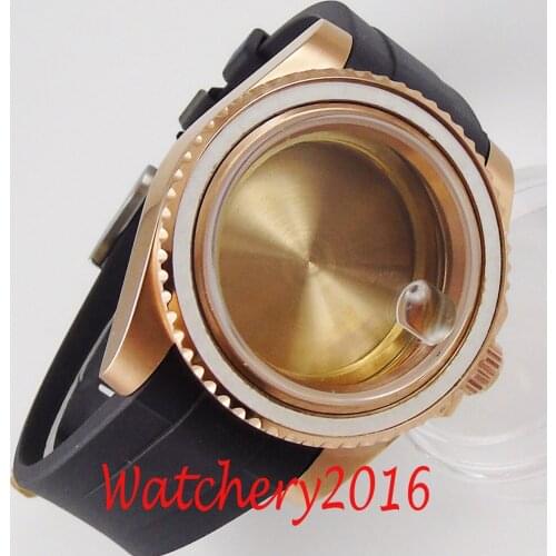 40MM Accessories Parts Rose Gold Plated Sapphire Glass Rotating Bezel Rubber Strap Watch Case Fit NH35 NH36 Movement