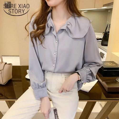 Loose Womens Tops and Blouses Solid Long Sleeve Woman Shirt with Blue 2021 Autumn New Cardigan Office Lady Clothes 10690
