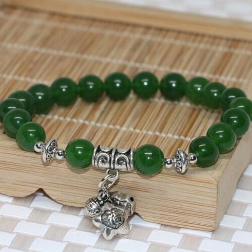 Taiwan green jades chalcedony stone 8mm round beads strand bracelet bangle for women fashion silver-color jewelry 7.5inch B2030