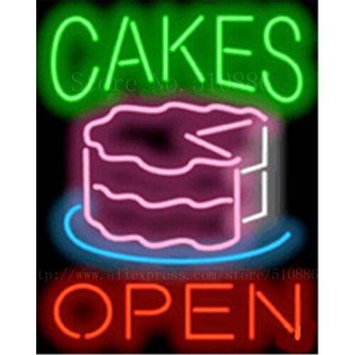 Cakes Open NEON SIGN REAL GLASS BEER BAR PUB LIGHT SIGNS store display bakey Bulbs Desserts food Lights 17*14"