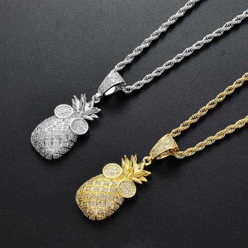 Hip Hop Full AAA CZ Stone Paved Bling Ice Out Fruit Pineapple Pendants Necklace for Men Rapper Jewelry Gold Color