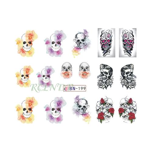 Water Sticker for Nail Art Decoration Slider Skull Head Red Rose Flower Flower Corpse Bride Design Decal Lacquer Accessoires