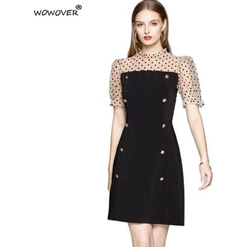 Elegant Lady Summer Polka Dot Mesh Patchwork Runway Women Dress Short Sleeve Fashion Robe 2021 Designer Vintage Office Vestido