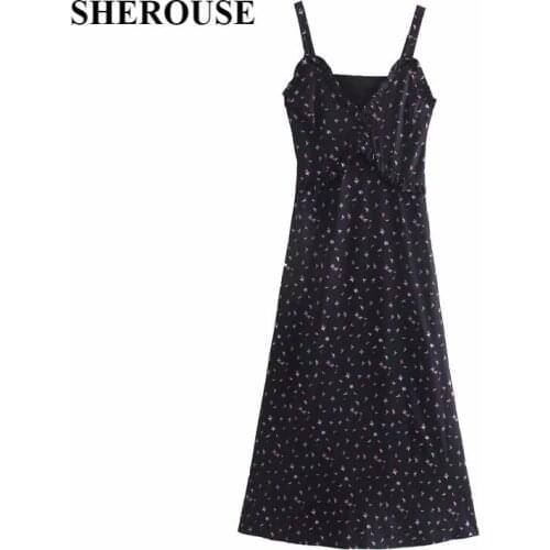 SHEROUSE Women Fashion Floral Printed Back Zipper Midi Dress Thin Straps V-Neck Vintage Female Dresses robe femme