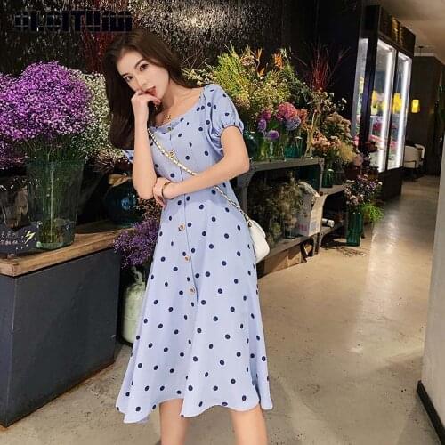 New 2020 Summer Korean Fashion Women Retro Word Collar Temperament Commuter Girl Waist Long Polka Dot Dress DR936