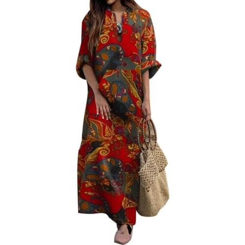 Maxi dresses for women summer 2020 Women Autumn Vintage Long Sleeve Ethnic Floral Print Folk Custom Maxi Dress Women Robe Femme