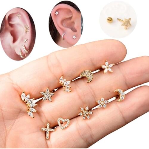 1 Pcs Stainless Steel Cross Heart Moon Star Piercing Cz Ear Studs Helix Piercing Rose Gold Color Cartilage Earring Tragus Conch