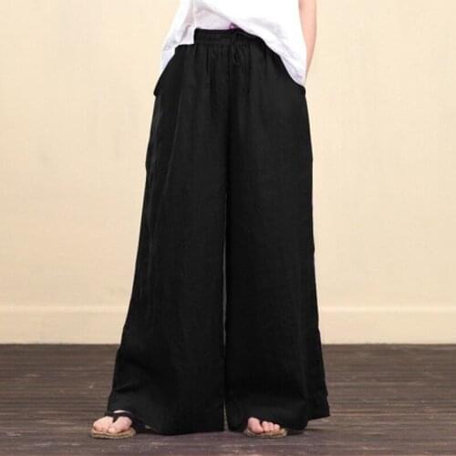 2021 Summer Women Fashion Solid Loose Wide Leg Pants Cotton Linen Stylish Elastic Waist Casual Trousers 5XL Plus Size