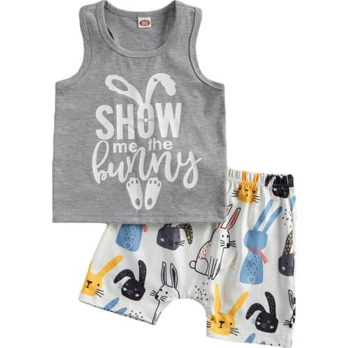 2021 0-4Y Casual Kids Baby Boy Clothing SHOW ME THE BUNNY Letter Print Vest Top+Cartoon Animal Shorts Harem Pants Summer 2pcs