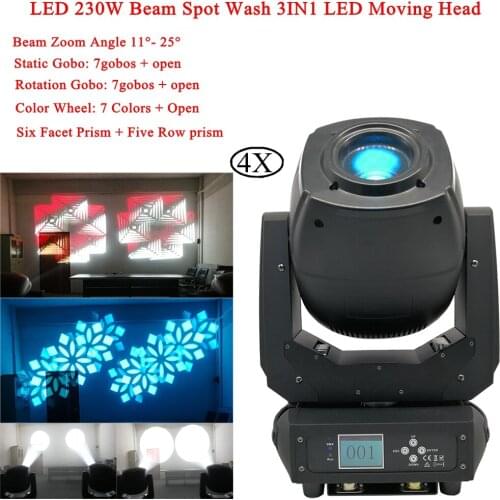 4Pcs/Lot Newest 230W LED Spot Moving Head Disco Light DMX Beam Wash Spot 3IN1 Moving Head DJ Party Bar Stage Lights Equipment