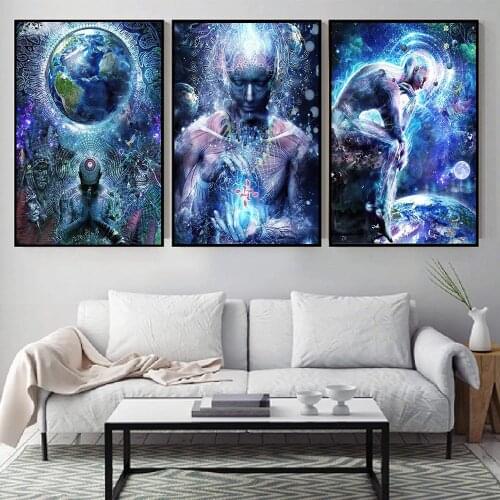 Abstract Dreamy Alien Blue Outer Space Buddha Print Canvas Painting Wall Art Posters Nordic Living Room Decoration Salon Cuadros