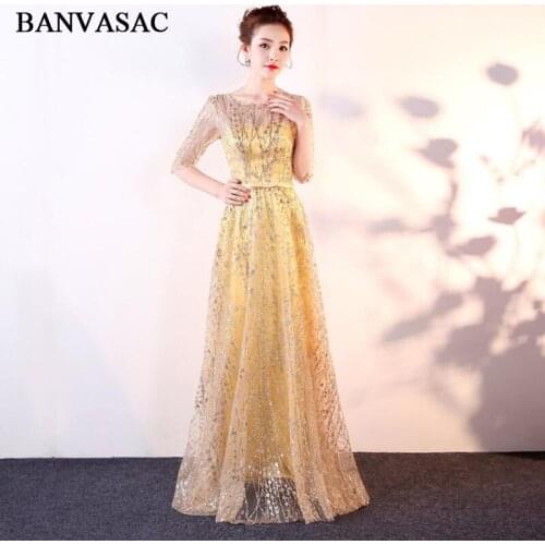 BANVASAC Elegant O Neck Bronzing Half Sleeve A Line Long Evening Dresses Party Bow Sash Illusion Backless Prom Gowns