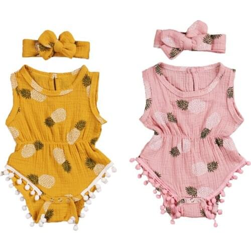 0-24M Newborn Kids Baby Girls Boys Bodysuits Pineapple Print Sleeveless Tassel Jumpsuits 2 Colors