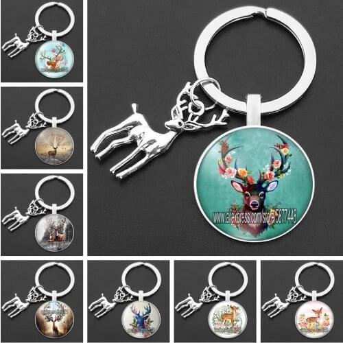 Beautiful Elk Deer Glass Pendent Keychain Fashion Cartoon Sika Deer Key Ring Flower Horned Deer Key Chain for Women