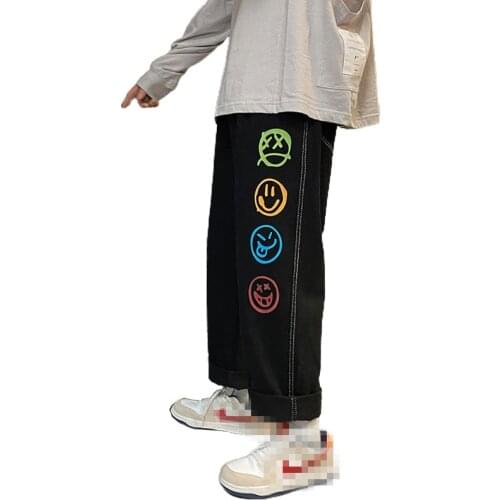 Black Jeans for Mens Colorful Smiley Printed Straight Leg Denim Pants Teen Hip Hop Clothing Oversized Baggy Trousers Streetwear