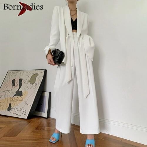Bornladies Women Set Lapel Collar Long Sleeve Loose Belt Blazer Coat High Waist Pants Legs Adjustable Pants Female Casual Set
