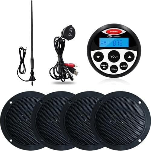 Marine Radio Audio Stereo Boat Bluetooth Receiver MP3 Car Player+2 Pairs 4 inch Marine Speakers+USB Audio Cable+AM FM Antenna