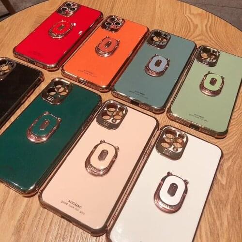 Signalshin Fashion 6D Plating Ring Holder Stand Phone Case For iPhone 12 11 Pro Max XR XS 7 8 Plus Cartoon Bear Soft TPU Cover