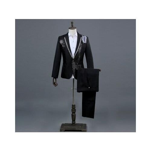 New Male Black White Sequins Inlaid Crystal Stage Show Singer Suit Jacket Wedding Mens Blazer Fashion Masculino Slim Fit