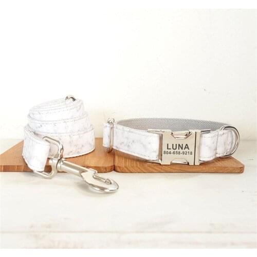 Personalized White Marbling Pet Collar Customized Puppy ID Tag Adjustable Cat Accessory Basic Dog Collars Leash Set