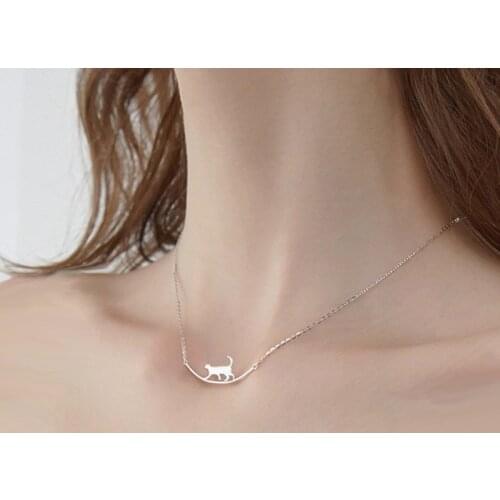 Silver Plated Cute Cat Curve Pendant Necklace Womens Girl Student Animal Necklace Collarbone Chain Fashion Jewelry Gift