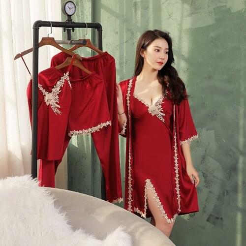 Spring Summer Pajama 5PCS Set Casual Sleepwear Women Red Satin Lace Nightwear Pyjama Suit With Chest Pads