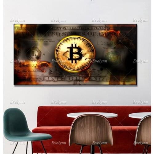 Fire Dollar Bill Bitcoin Posters Painting on Canvas Cuadros Wall Art Canvas Prints Painting Decorative Wall Pictures Living Room