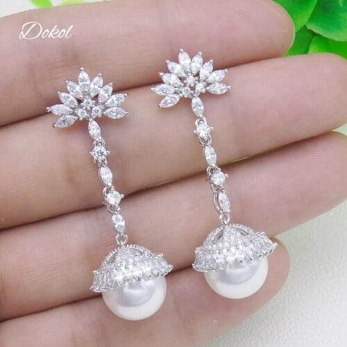 DOKOL Luxury Pearl Earrings Dangle Cubic Zirconia Bridal Jewelry Silver Color Women Drop Earring for Wedding DKE0139
