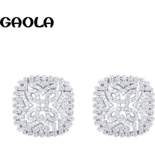 GAOLA White Gold Color Square Shape Hollow Flower Stud Earrings CZ Earring For Teens&Women GLE6293