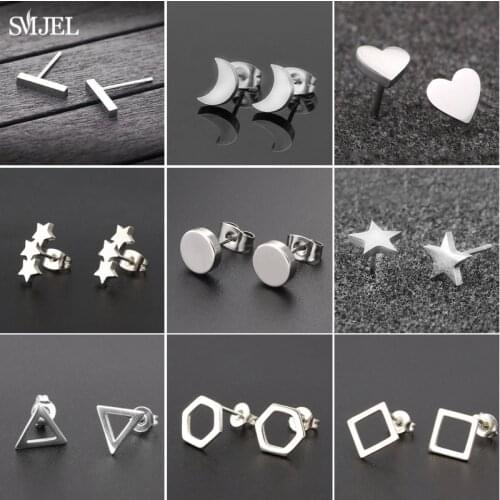 SMJEL Fashion Punk Geometric Earrings Small Black Stainless Steel Circle Hexagon Bar Triangle Stud Earring Bijoux men Women Gift